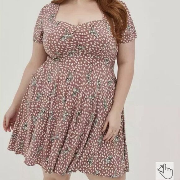 Disney Bambi Shirred Bodice Skater Dress 2X Stretch Challis‎ Muave Feminine Chic - Picture 3 of 9